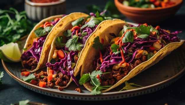 Taco de ternera recién asado en una tabla de cortar rústica generada por IA