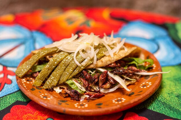 Taco tradicional mexicano com gafanhotos e legumes em Oaxaca