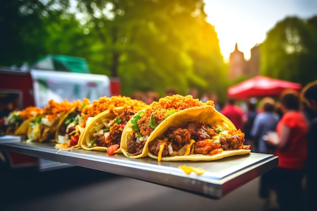 Taco Truck em um festival gastronômico servindo tacos saborosos