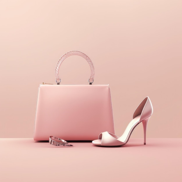 Tacones altos de plástico y bolsita sobre fondo rosa pastel Póster rosa de arte minimalista IA generativa