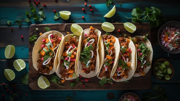 tacos con aguacate de pollo y salsa de tomate en un fondo oscuro vista superior