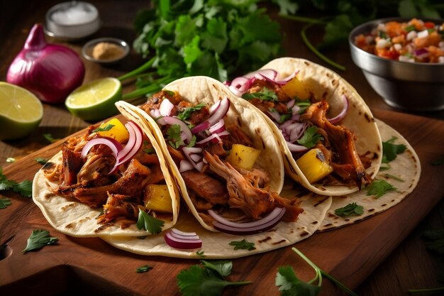 Tacos al pastor mexikanisches traditionelles Gericht auf Holzbrett, erstellt mit generativer KI-Technologie