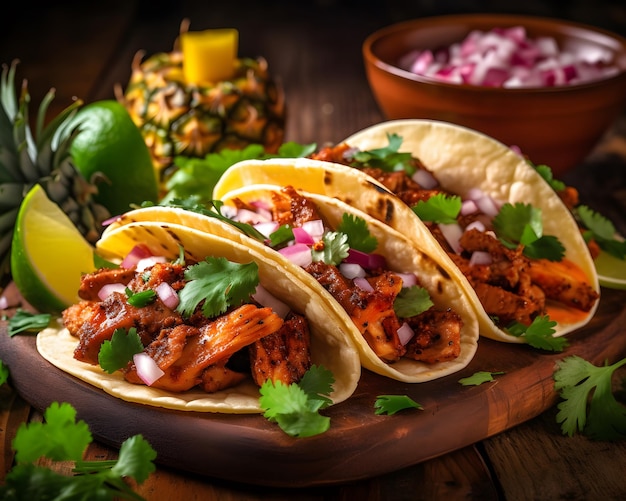 Tacos al Pastor mit Koriander und Ananas, die lebendig und lecker sind. Generative KI