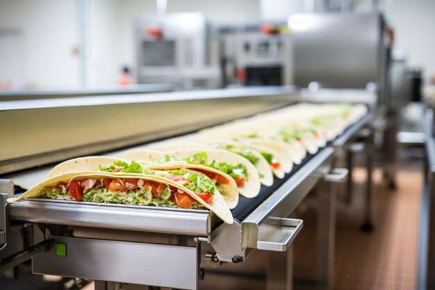 Foto tacos alineados en una cinta transportadora en una cocina comercial