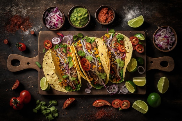 Tacos aus Bio-Rindfleisch und Gemüse von oben gesehen