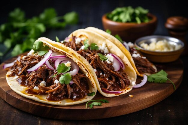 Tacos Barbacoa de carne picante com cebola vermelha em conserva