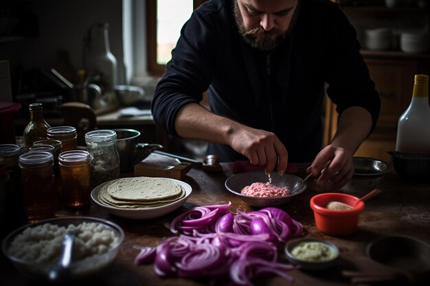 Foto tacos being assembled with tender barbacoa and pickled onions