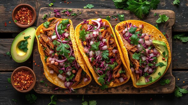 tacos callejeros mexicanos de composición plana con carne de cerdo carnitas aguacate cebolla cilantro