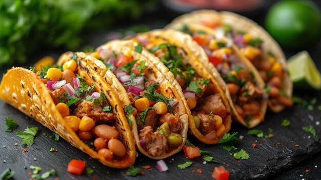 tacos callejeros mexicanos de composición plana con carne de cerdo carnitas aguacate cebolla cilantro