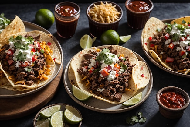 tacos callejeros mexicanos y papas fritas de carne asada en composición plana