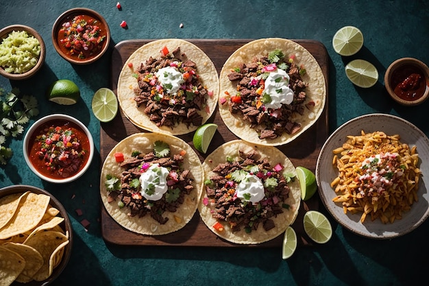 tacos callejeros mexicanos y papas fritas de carne asada en composición plana