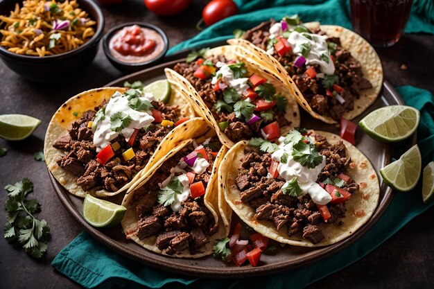 tacos callejeros mexicanos y papas fritas de carne asada en composición plana