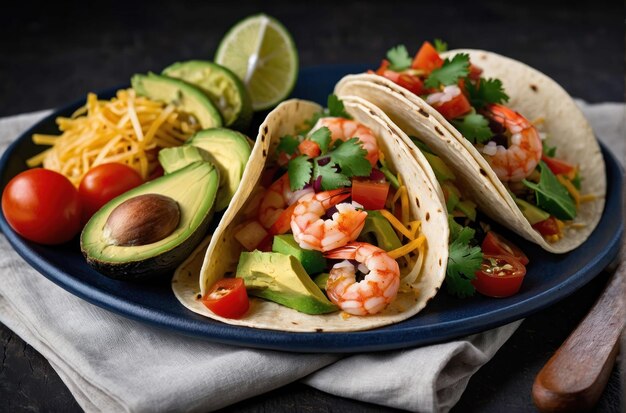 Foto tacos de camarón en un plato de pizarra