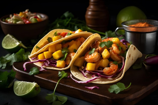 Tacos de camarones en una tabla de cortar con salsa de mango