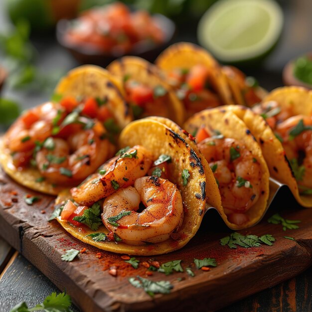 Foto tacos de camarones con verduras de salsa y aguacate comida mexicana