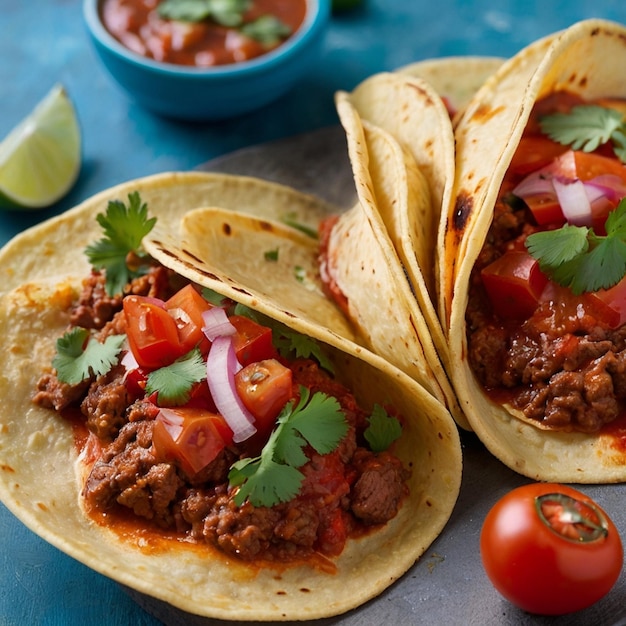 Tacos de carne molida con relleno fresco para hacerle agua a la boca