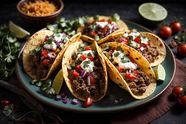 tacos de carne molida en la vista superior de un plato