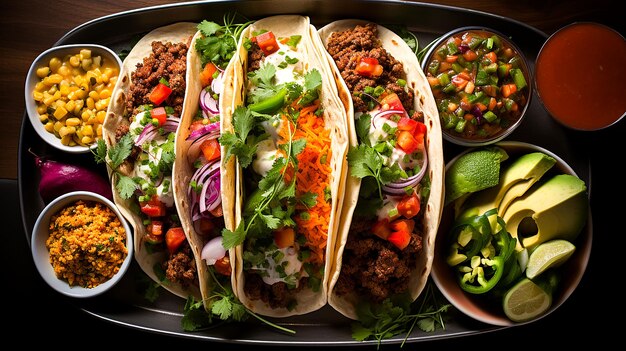 Tacos de carne a la parrilla con guacamole fresco y salsa generados por IA