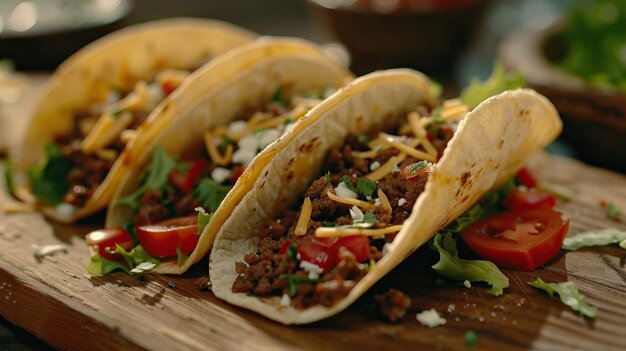 Foto tacos de carne con queso de lechuga y tomate