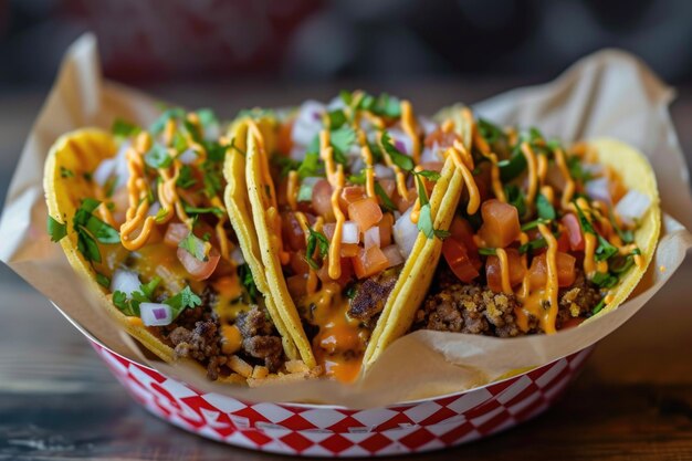 Tacos de carne de res de colores con verduras frescas y queso