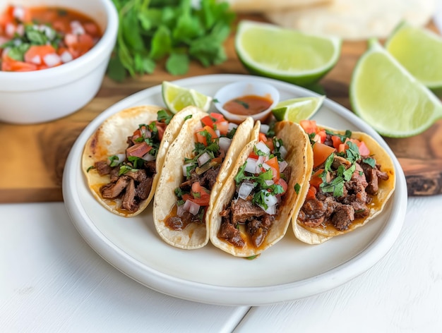 Tacos de carne con salsa y cilantro en una mesa de madera