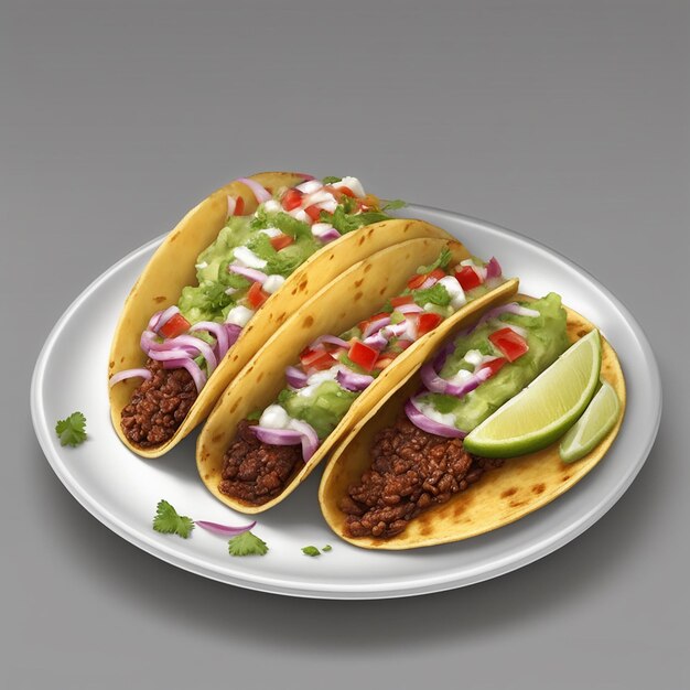 Tacos con carne y verduras en el plato ilustración 3d