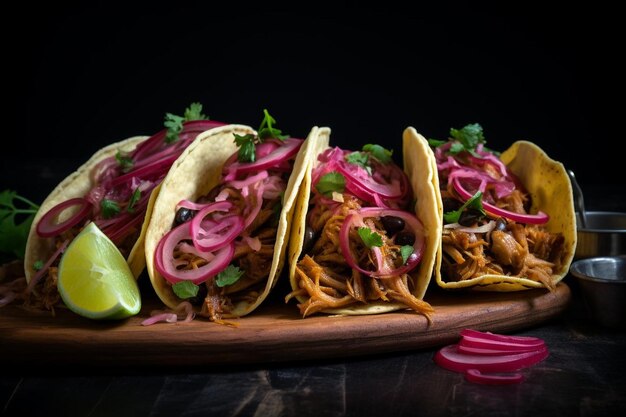 Tacos Carnitas de jaca con cebollas rojas en vinagre