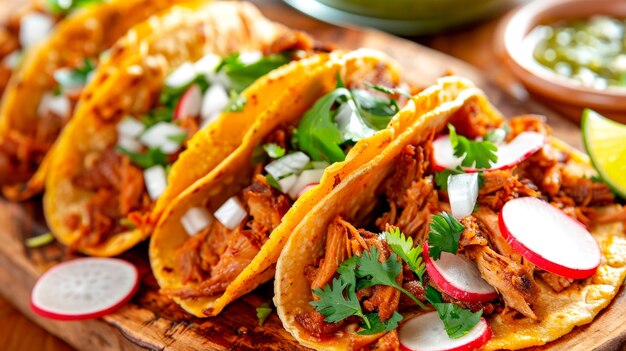 Tacos de cerdo rebanados con rábanos en una tabla de madera