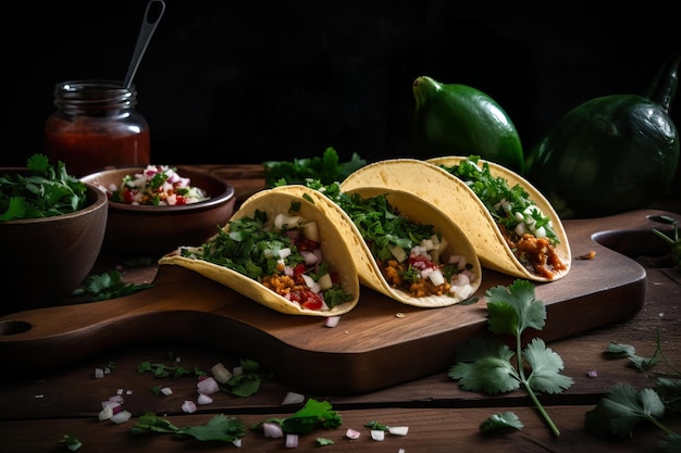 Tacos con cilantro y salsa con verduras