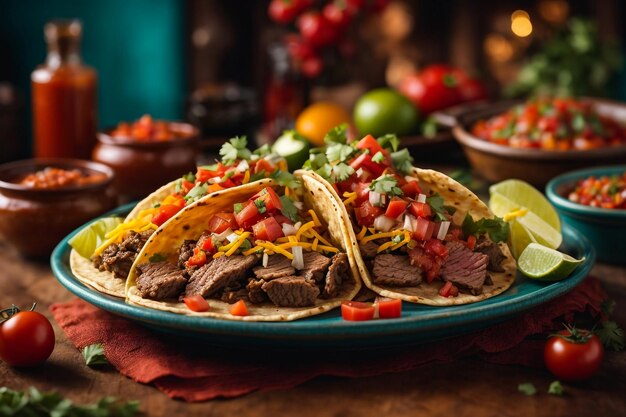 tacos com carne e legumes estilo comida mexicana