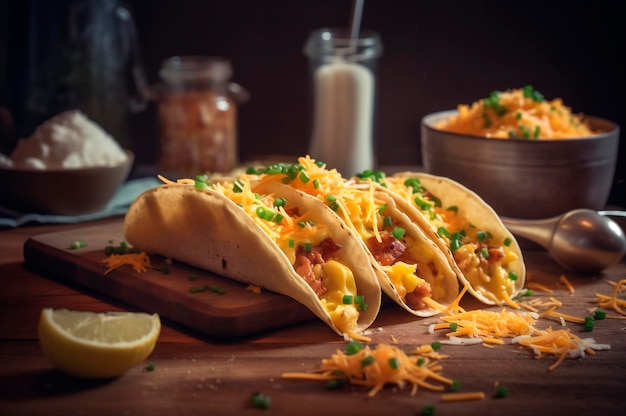 Tacos com fricassé, ovos mexidos e bacon cobertos com queijo e cebola verde gerada por IA