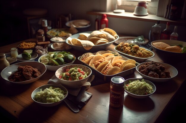 Tacos de comida mexicana y guacamole en mesa de madera