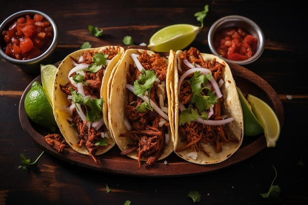 Tacos de ângulo alto com carne no prato