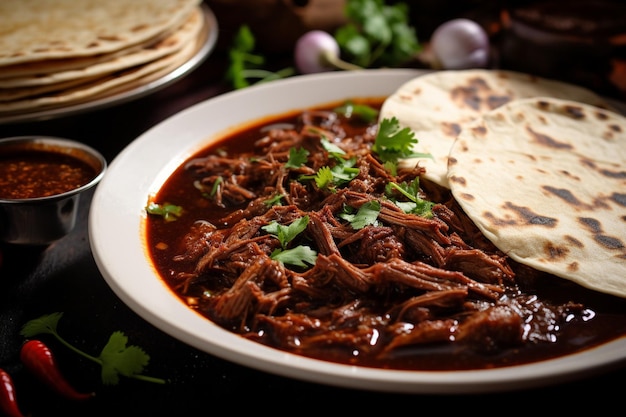 Tacos de birria com carne de vaca macia servidos com consomme para mergulho