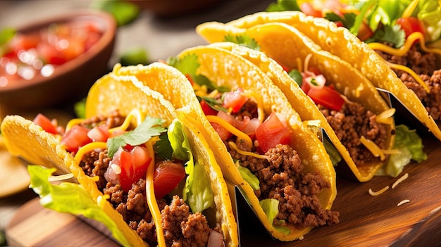 Tacos de carne bovina carregados com carne moída temperada, alface, queijo e pimentão caseiro, servindo comida dietética de perto, fácil de preparar, excelência culinária, conceito de sofisticação, gerado por IA.