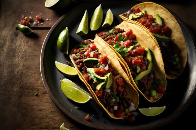 Tacos de carne do México servidos com molho de tomate e abacate