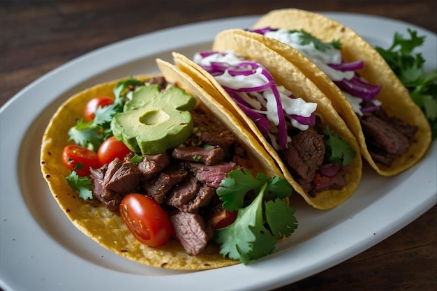 Tacos de carne e vegetais grelhados