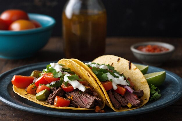 Tacos de carne e vegetais grelhados