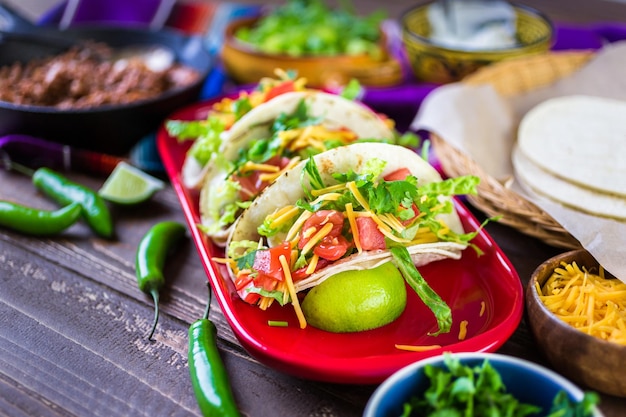 Tacos de carne moída com alface, tomate picado e queijo cheddar ralado.