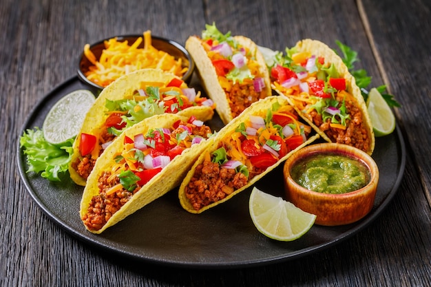 Tacos de carne moída em uma vista superior da placa