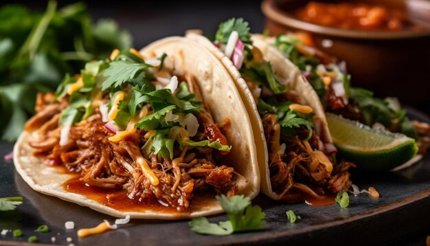 Tacos de carne picante grelhado com guacamole fresco gerado por IA