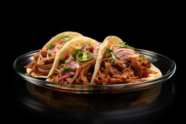Tacos De Carnitas auf schwarzem glatten runden Teller auf isoliertem transparenten Hintergrund mexikanisches Essen