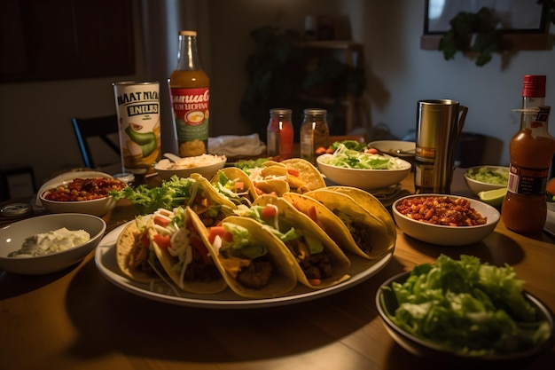 Tacos de comida mexicana e guacamole na mesa de madeira