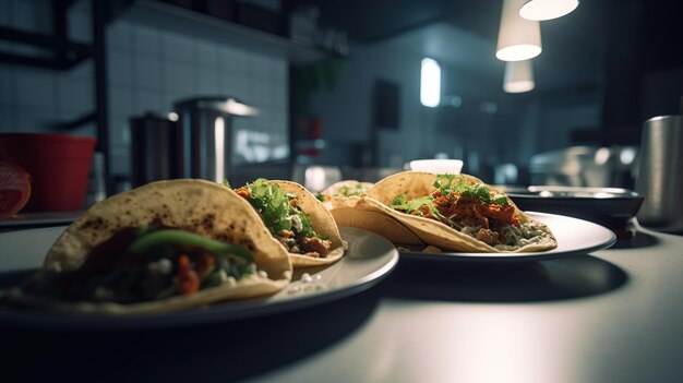 Tacos de filé mignon americano caseiro com alface e queijo de tomate em um prato em um café