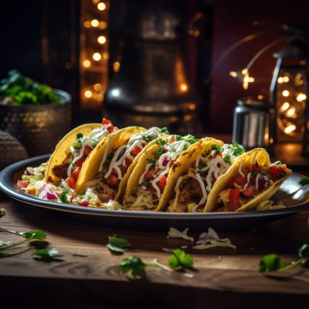 Tacos de frango com tomates e coentro na mesa de madeira escura