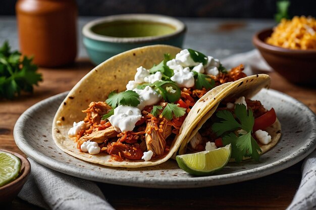 Tacos de frango Tinga com Queso Fresco