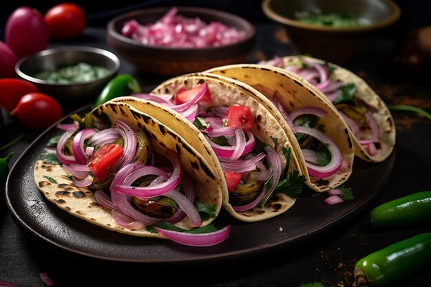 Tacos de Nopales veganos coloridos com cacto e cebola grelhados