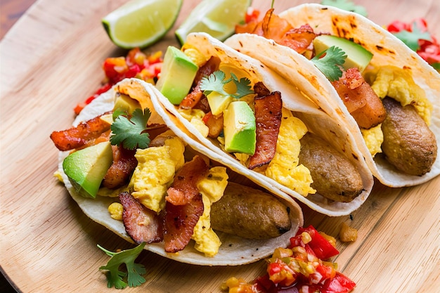 Tacos de pequeno-almoço com salsicha, ovos mexidos, bacon desmoronado e abacate em cubos.