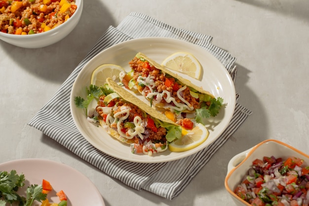 Tacos de porco mexicano com legumes. Tacos deliciosos