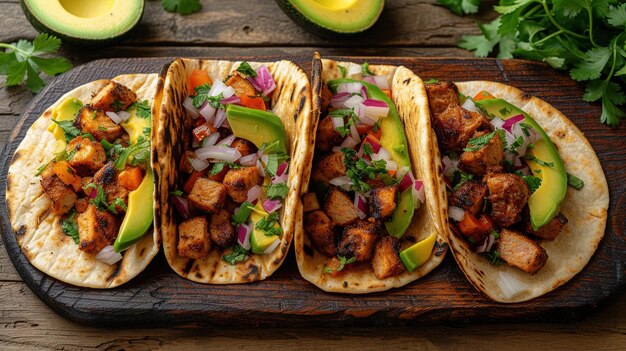 tacos de rua mexicanos composição plana com carne de porco carnitas abacate cebola cilantro